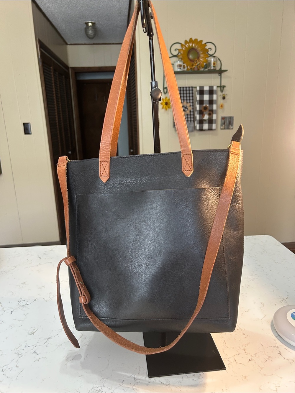 Madewell Classic Black Leather Tote with Tan Straps - Women Bags
